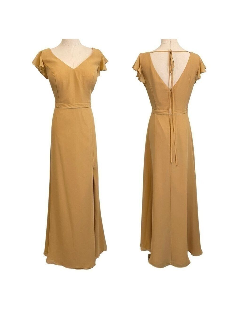 Azazie Claudine A-Line Ruched Chiffon Floor-Length Dress Sz 16 Butterscotch EUC